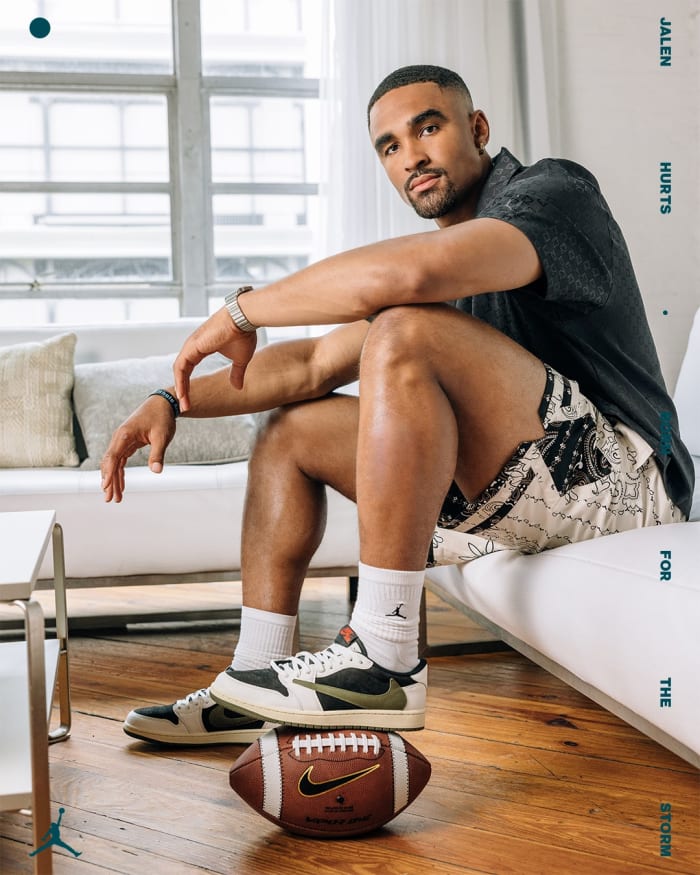 Jalen Hurts poses in Air Jordan sneakers.
